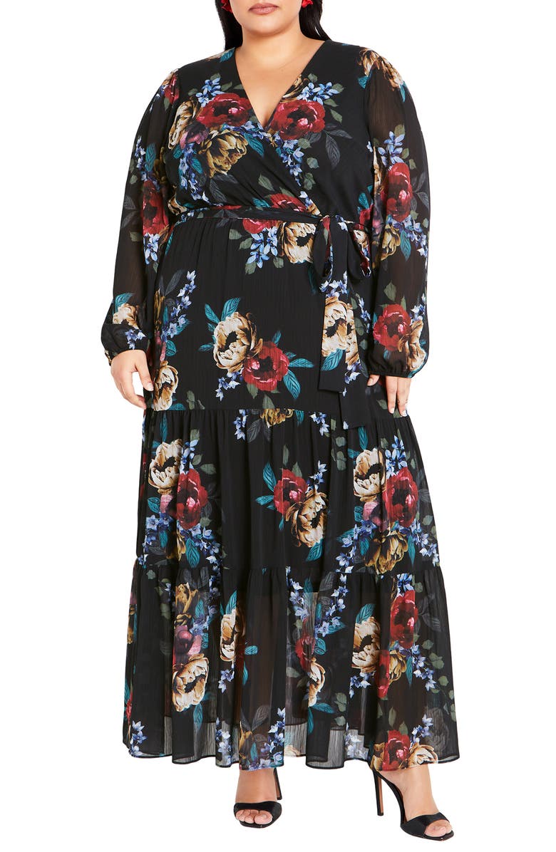 City Chic Xander Floral Long Sleeve Chiffon Maxi Dress, Main, color, 