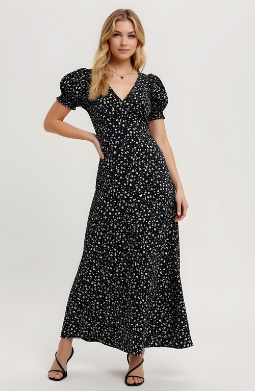 Modenaire Floral Print Maxi Dress With Puff Sleeves In Black