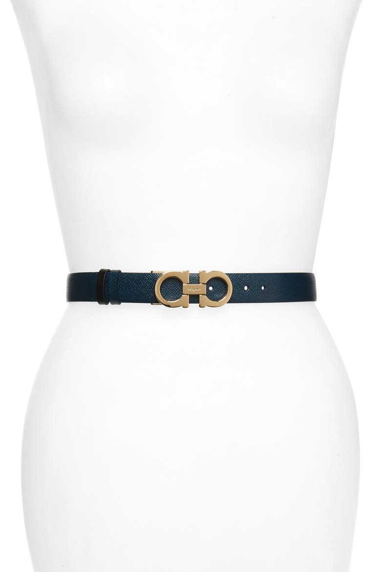 Salvatore Ferragamo Reversible Leather Belt, Main, color, MEZCAL TEAL/ NERO