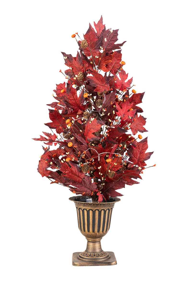 Fall Lighted Maple Leaves Urn Potted Porch Tree With Timer, Alternate, color, Burgundy