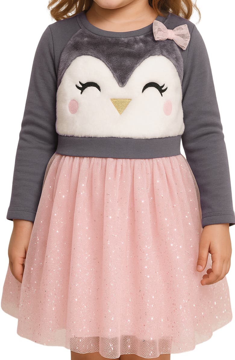 Zunie Kids' Penguin Embroidered Long Sleeve Plissé Dress, Alternate, color, Charcoal/ Blush