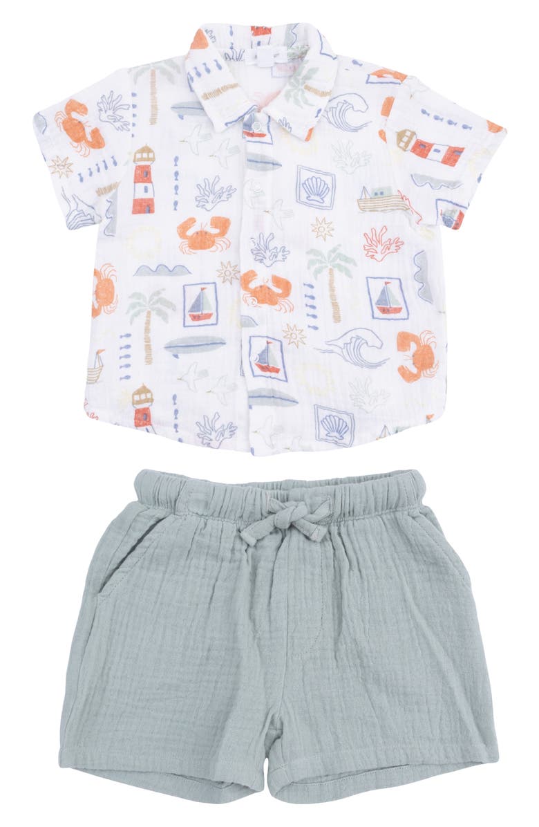 Angel Dear Kids' Club Mediterranean Organic Cotton Muslin Snap-Up Shirt & Shorts Set, Main, color, White Green