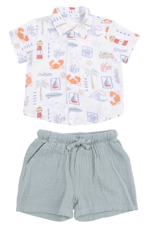 Kids' Club Mediterranean Organic Cotton Muslin Snap-Up Shirt & Shorts Set (Baby & Toddler)