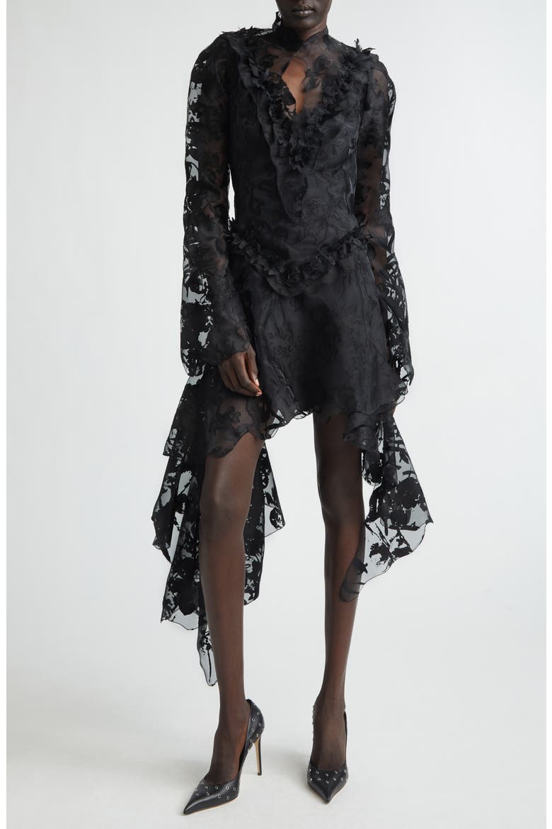 Long Sleeve Devoré Dress, Main, color, BLACK