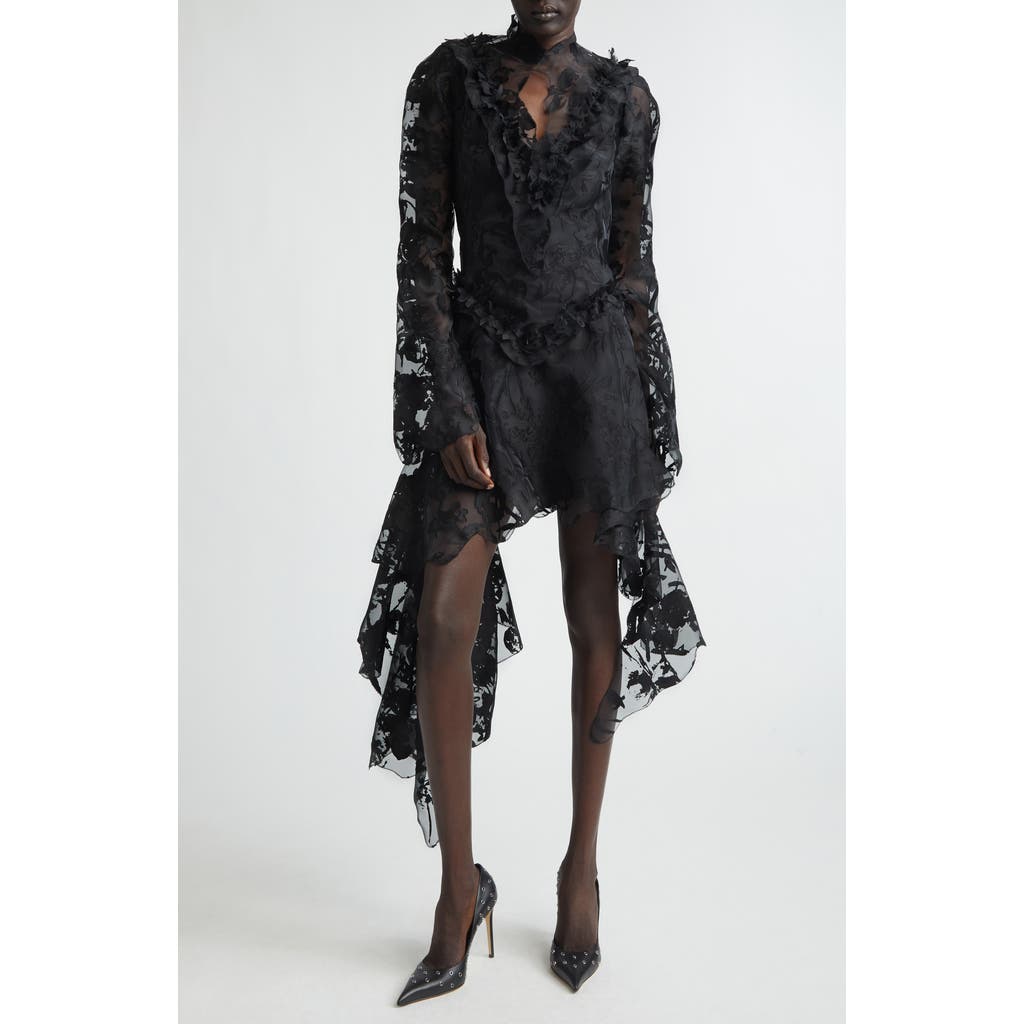 McQueen Long Sleeve Devoré Dress in Black at Nordstrom, Size 42