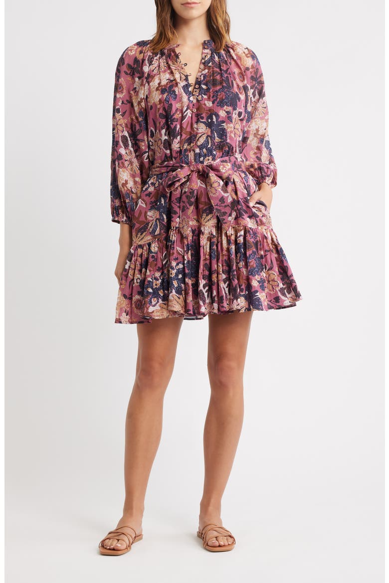 Elvia Tie Waist Long Sleeve Minidress, Main, color, BERGAMOT PRINT