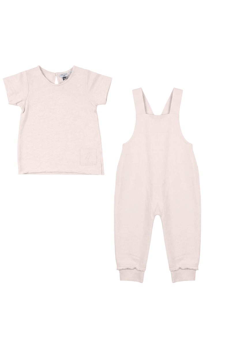 Little Fragile Tee and Cross Back Adjustable Strap Rib Cuff Overall & Short Sleeve Top Two Piece Set, Main, color, Light Blush