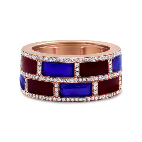 18K Rose Gold Red and Blue Enamel and 1/2 Cttw Diamond Band Ring