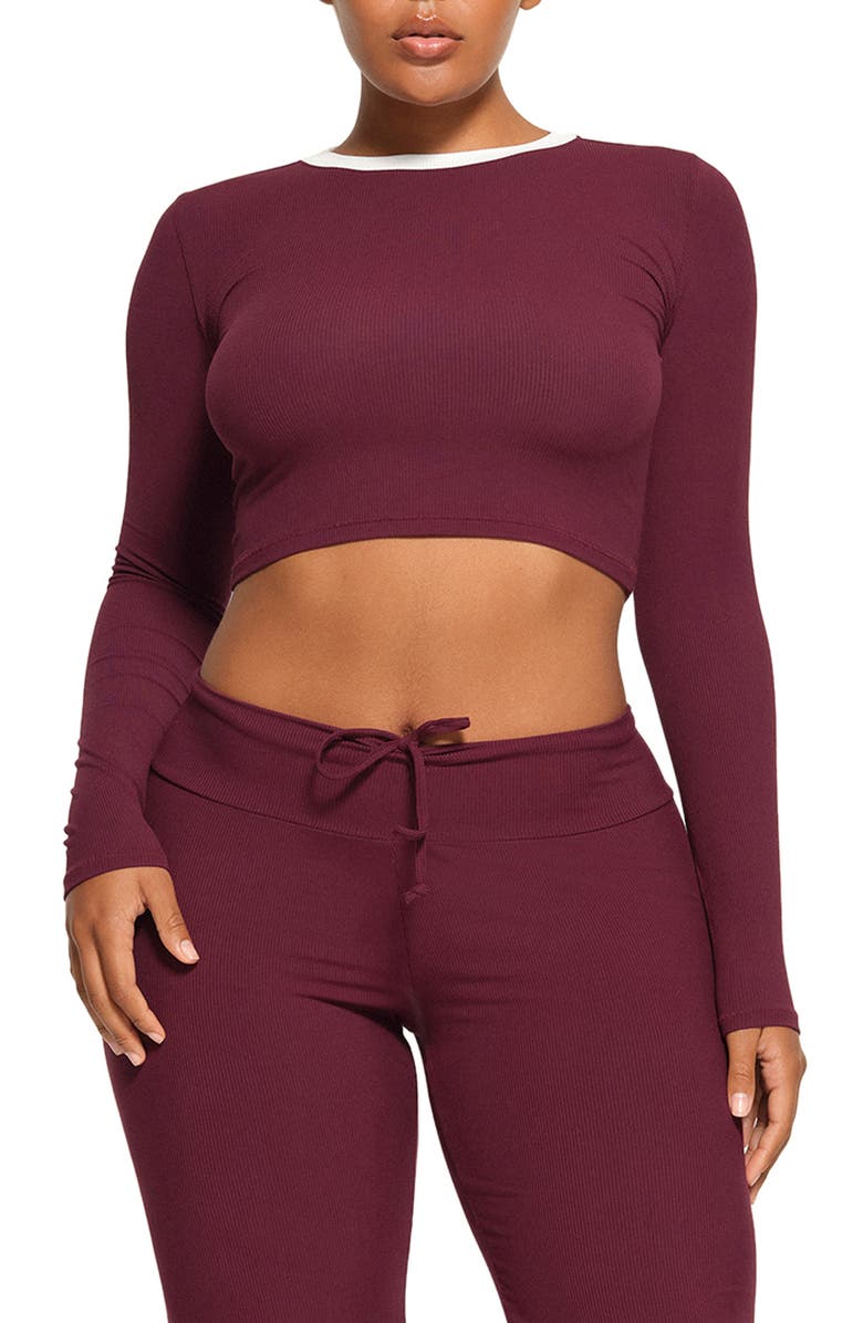 SKIMS Long Sleeve Ribbed Crop Pajama Top, Main, color,