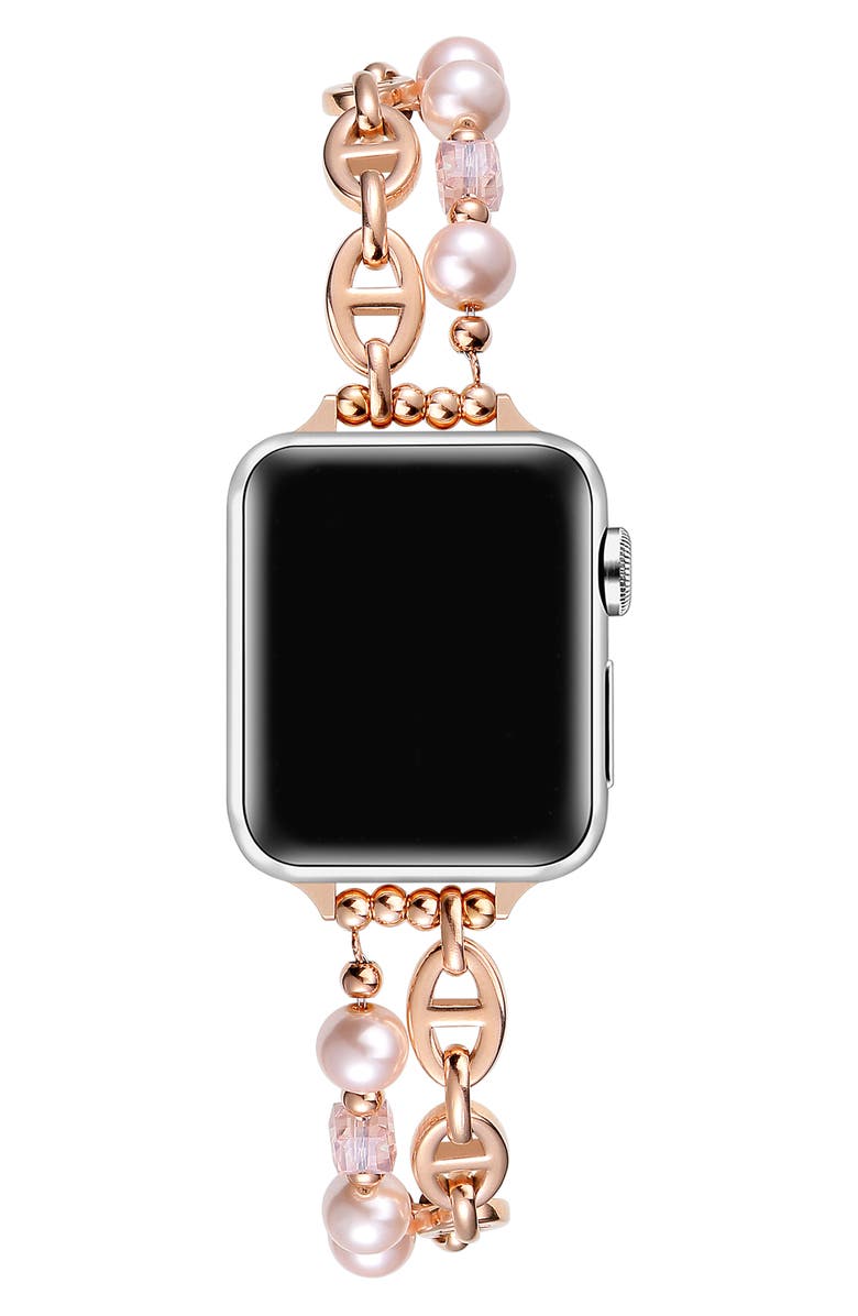 The Posh Tech Luna Imitation Pearl Apple Watch<sup>®</sup> Bracelet Watchband, Alternate, color, Rose Gold
