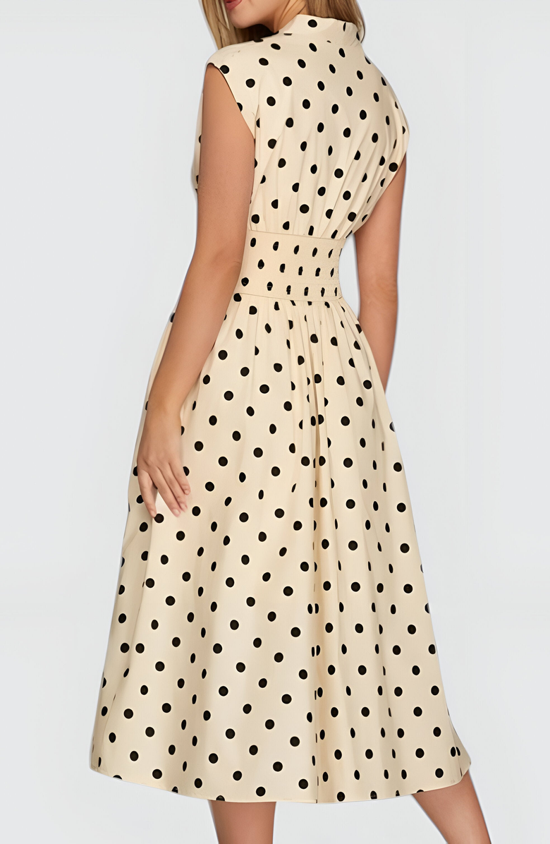 Modenaire Polka Dot Midi Shirt Dress with Cap Sleeves and Button Front, Alternate, color, 