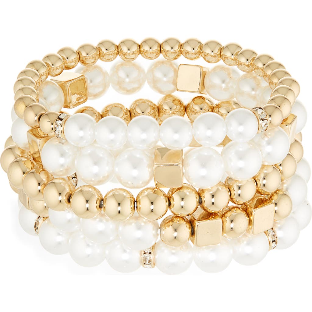 Tasha Set Of 5 Faux Pearl & Crystal Assorted Beaded Stretch Bracelets In Gold
