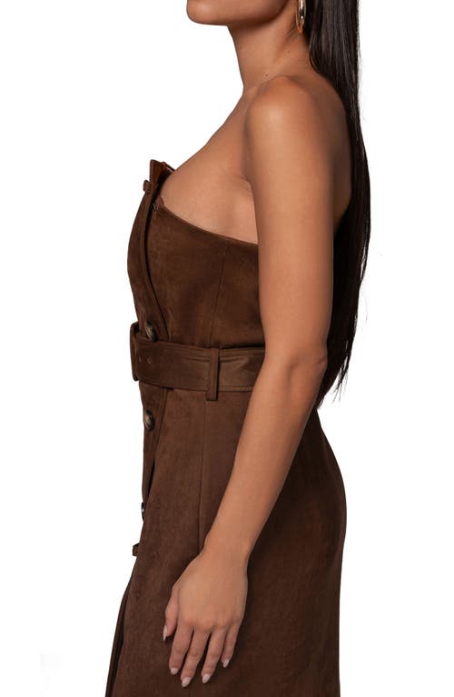 JLUXLABEL JLUXLABEL CHOCOLATE XENA BELTED STRAPLESS FAUX SUEDE MAXI DRESS