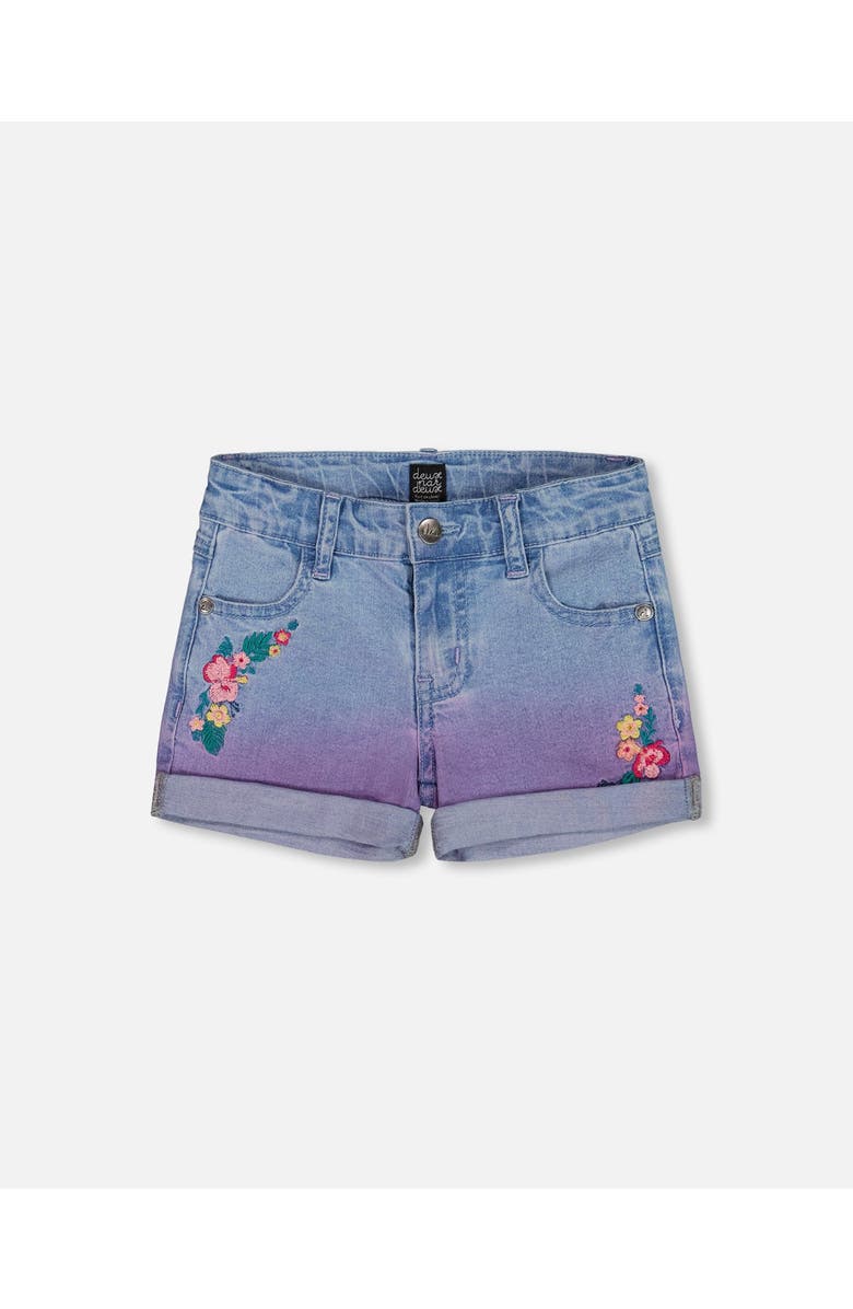 Deux par Deux Girl's Cuffed Denim Shorts With Embroidery Floral Jeans Blue, Main, color, 