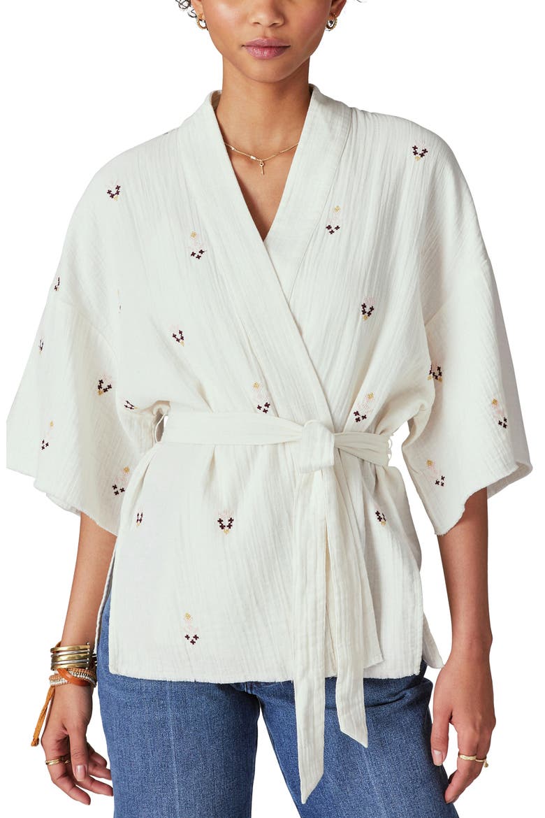 Geometric Embroidered Wrap Jacket, Main, color, WHITECAP GRAY