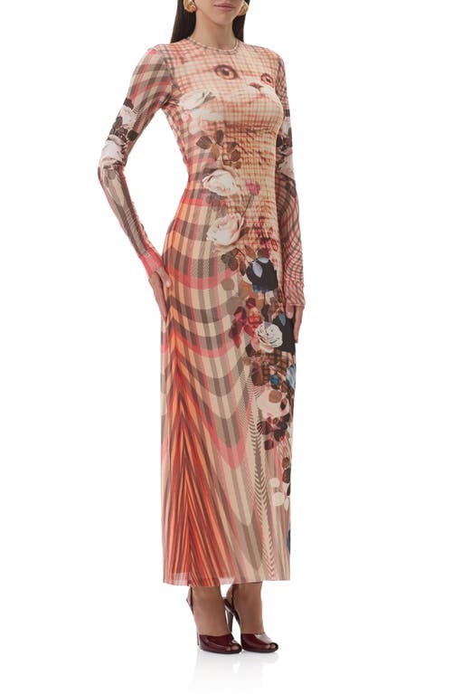 Afrm Didi Printed Long Sleeve Mesh Maxi Dress In Neutral