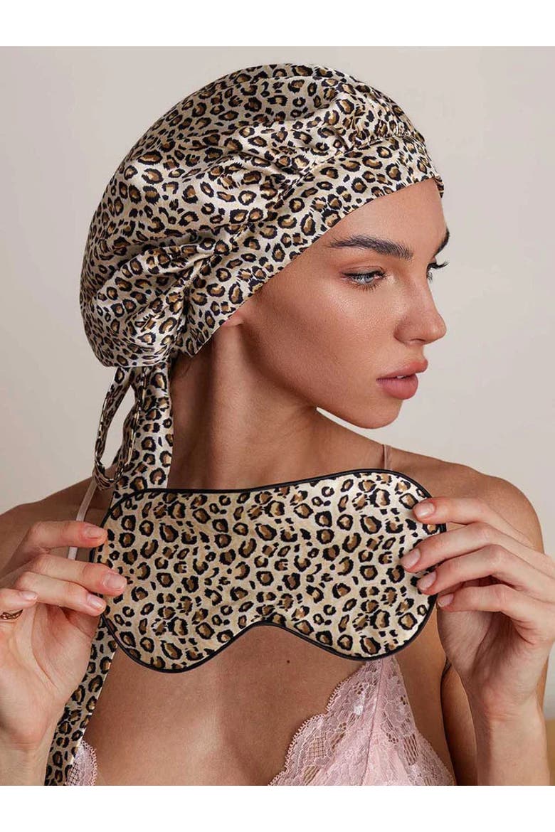 Pure Silk Bonnet+Eye Mask Set, Alternate, color, Leopard