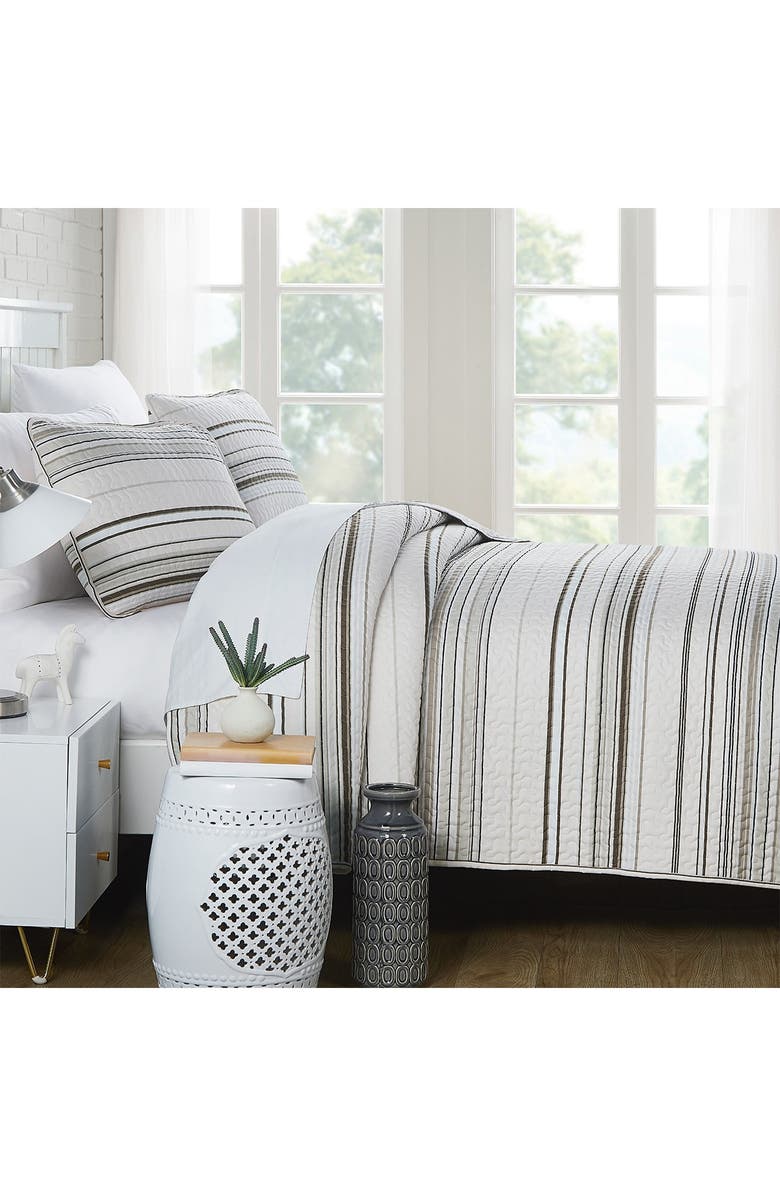 SOUTHSHORE FINE LINENS Coastal Stripes Oversized Quilt Sets, Alternate, color, Coastal Stripe Taupe