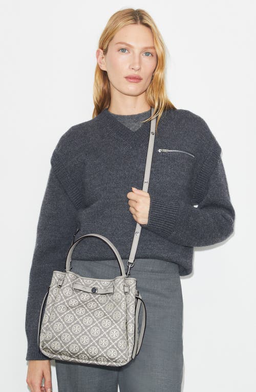 Tory Burch Romy Pebble Leather Bucket Bag In Gray