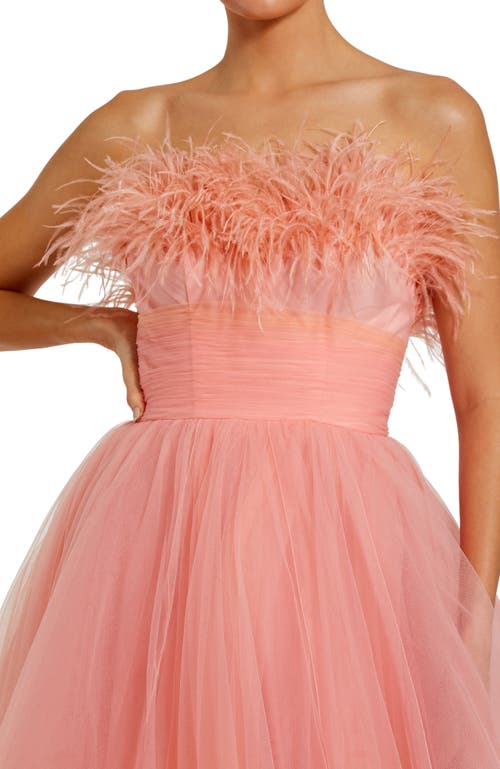 Mac Duggal Strapless Feather Hem Tulle Gown In Coral Ombre