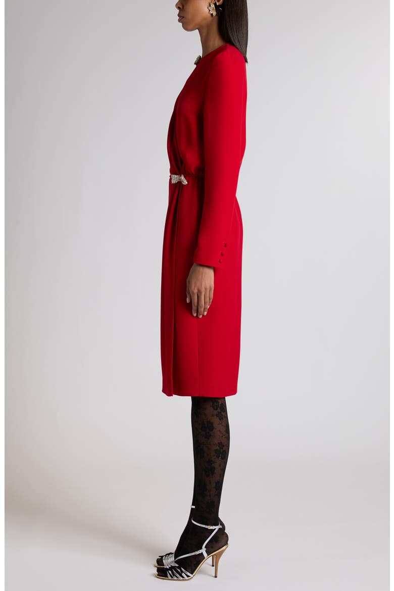 Crystal Bow Detail Long Sleeve Silk Cady Couture Dress, Alternate, color, RED