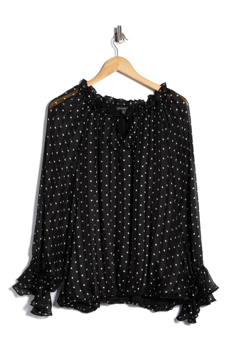 Polka Dot Tie Keyhole Long Sleeve Top, Alternate, color, BLACK/ CREAM DOT