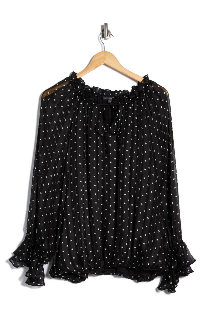 Adrianna Papell Polka Dot Tie Keyhole Long Sleeve Top, Main, color, Black/ Cream Dot