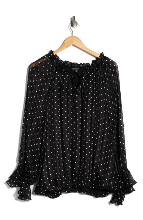 Polka Dot Tie Keyhole Long Sleeve Top (Plus)