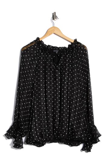 Adrianna Papell Polka Dot Tie Keyhole Long Sleeve Top In Black