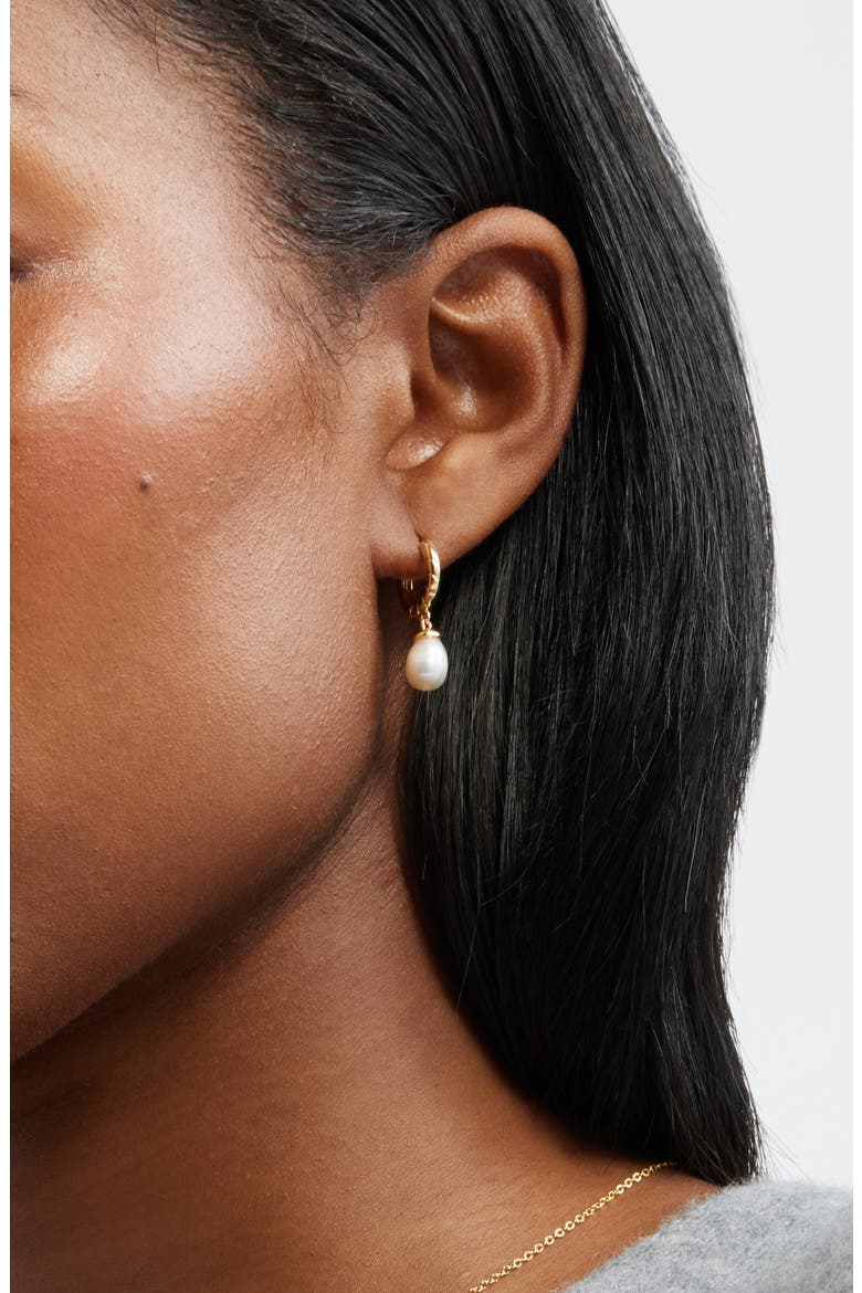 Demi Fine Freshwater Pearl Drop Hoop Earrings, Alternate, color, WHITE- 14K GOLD PLATED