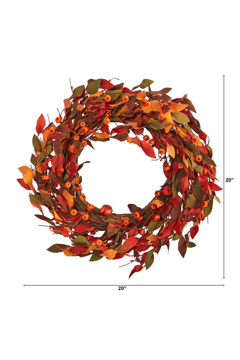 20-in Harvest Leaf and Mini Pumpkin Artificial Wreath, Alternate, color, Orange