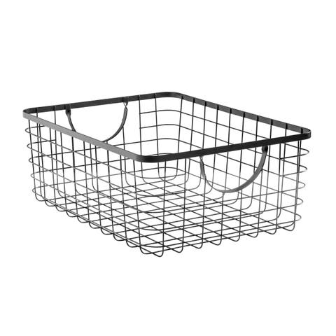 Metal Pantry Storage Basket with Curved Handles - 16 x 12 x 6 Inches, Matte Black