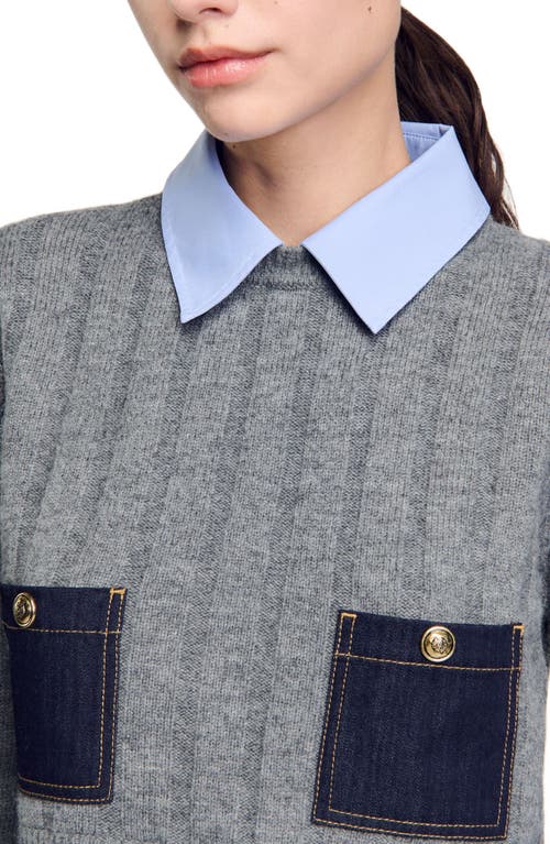 Sandro Wool-cashmere Poplin-trim Sweater In Grey