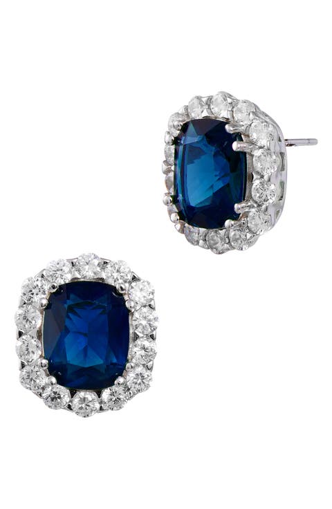 Blue & White Cubic Zirconia Halo Stud Earrings