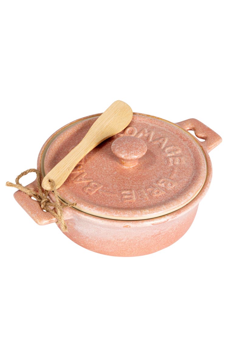 Storied Home Stoneware Brie Baker with Wood Spreader Set in Reactive Glaze, Main, color, Pink