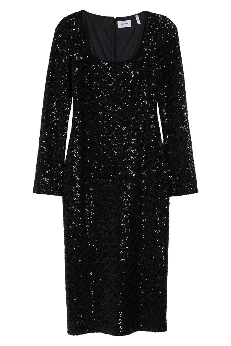 Long Sleeve Sequin Tulle Sheath Dress, Alternate, color, BLACK