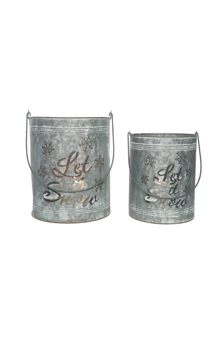 Silver Christmas Let It Snow Bucket Lanterns Set of 2 Metal, Alternate, color, Silver