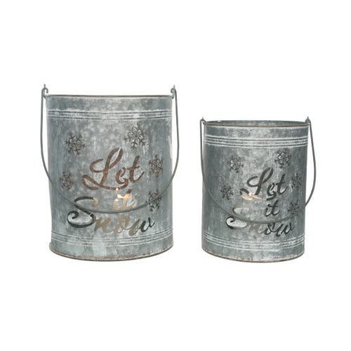 Transpac Silver Christmas Let It Snow Bucket Lanterns Set Of 2 Metal In Silver