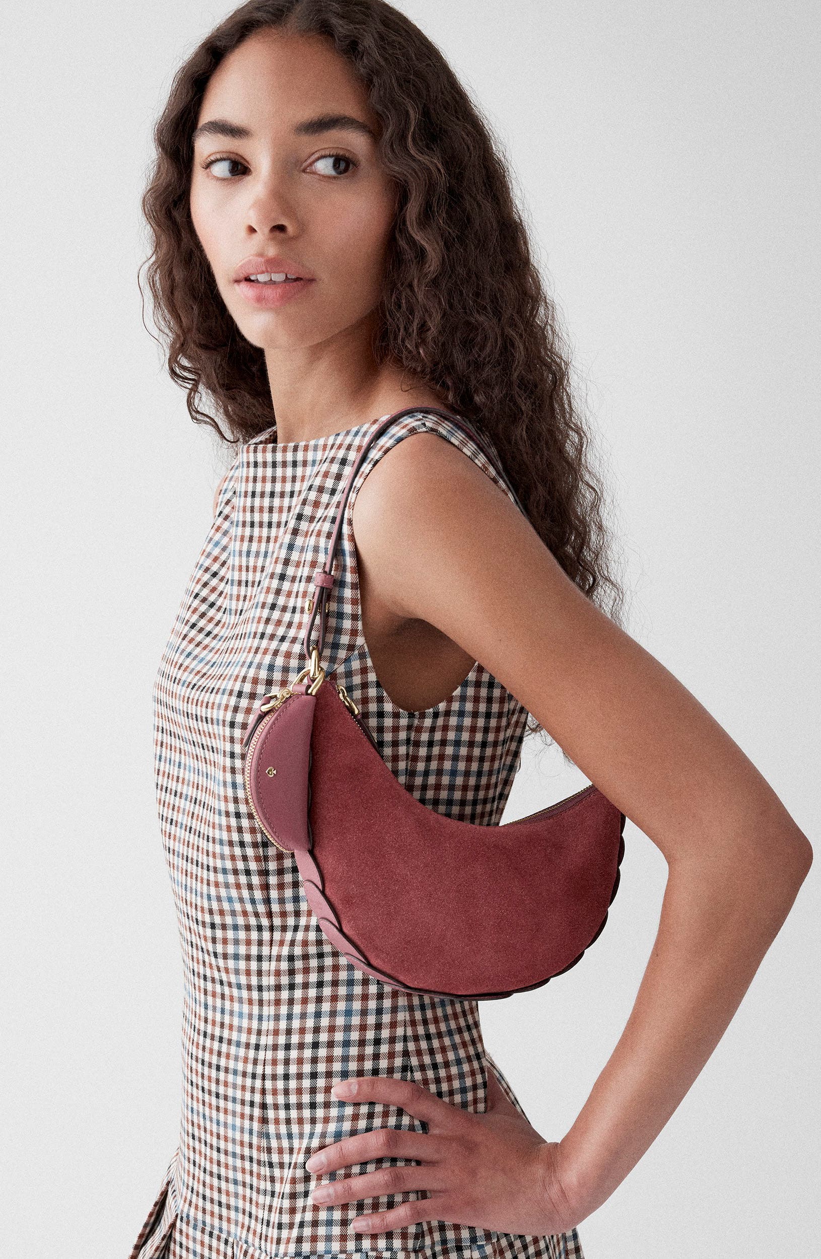 Duo Dot Gusset Suede Mini Shoulder Bag, Alternate, color, POMEGRANATE.