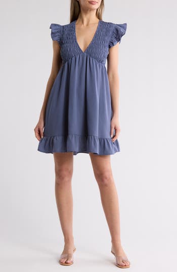 WISHLIST WISHLIST SMOCKED CAP SLEEVE POCKET BABYDOLL MINIDRESS