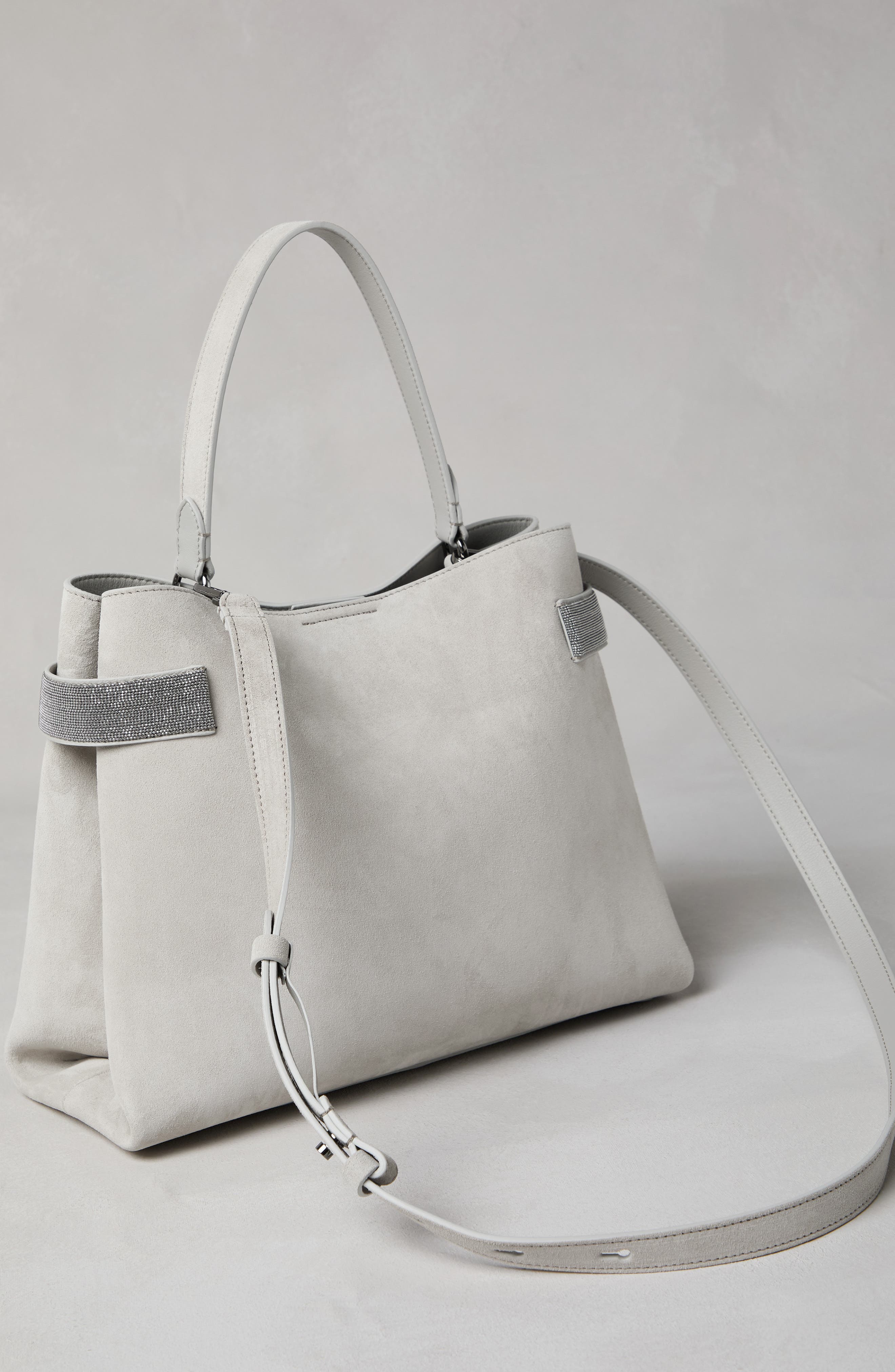 Brunello Cucinelli Essence top-handle bag in suede with precious bands, Alternate, color, 