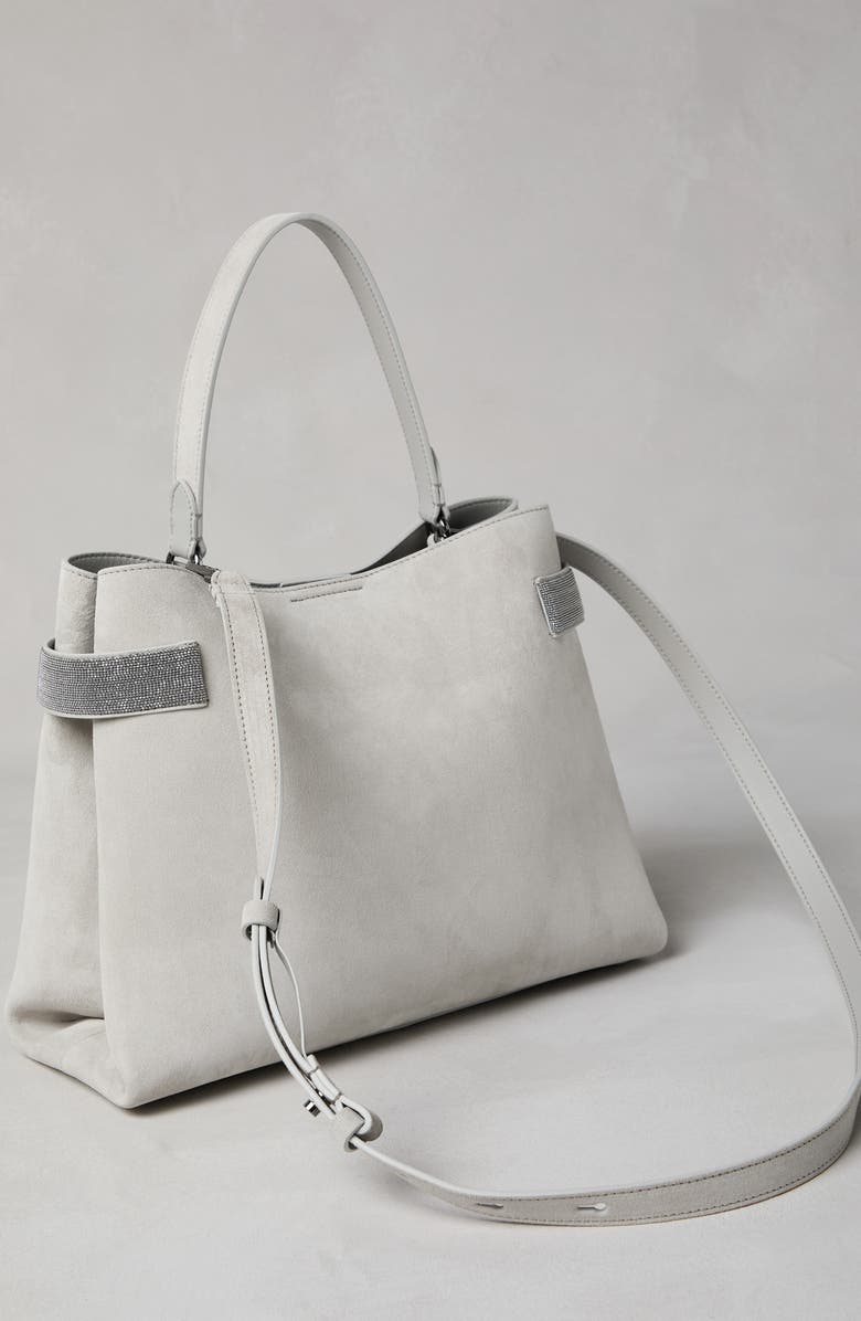 Brunello Cucinelli Essence top-handle bag in suede with precious bands, Alternate, color,