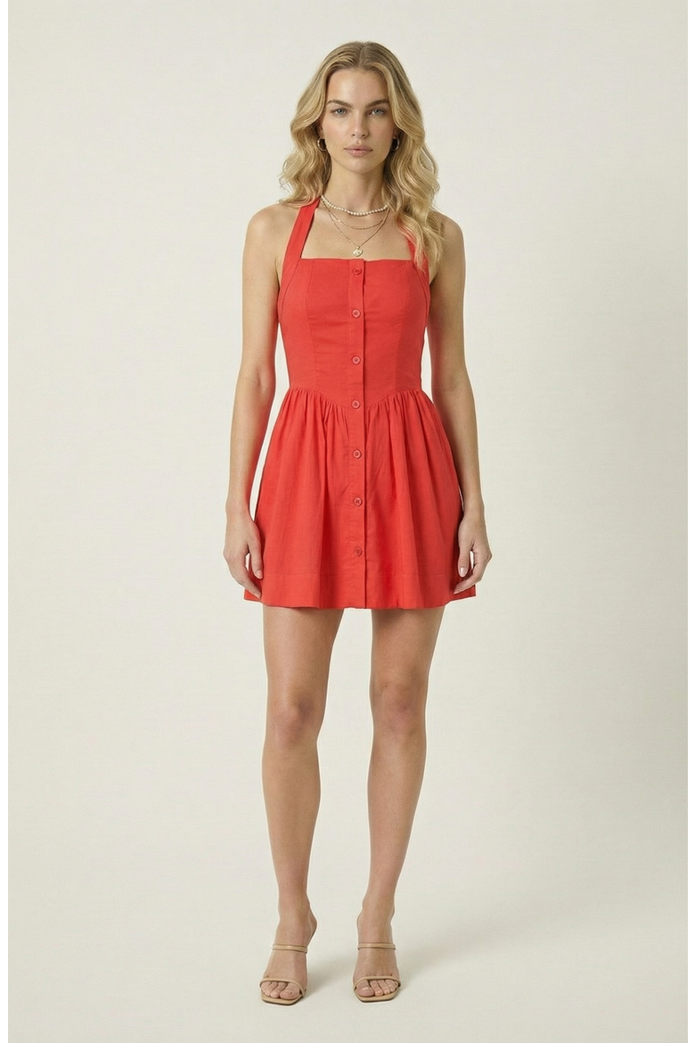 Halter Mini Dress with Button Front and Flared Skirt, Alternate, color, Coral Red