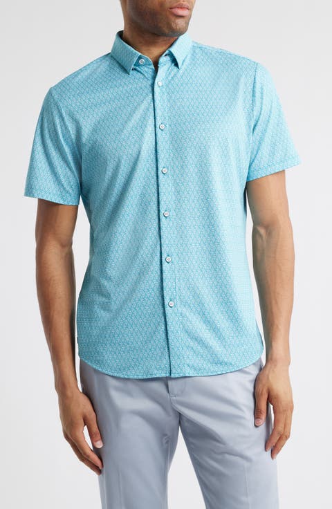 Halyard Trim Fit Geo Print Short Sleeve Button-Up Shirt