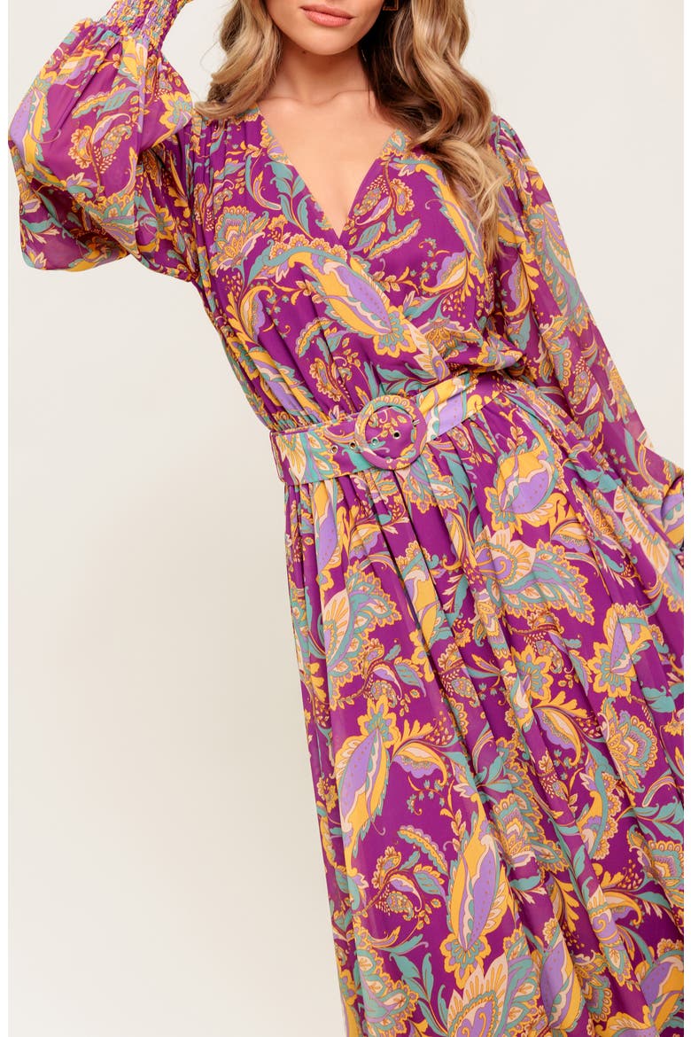 Print Long Sleeve Midi Dress, Alternate, color, PURPLE