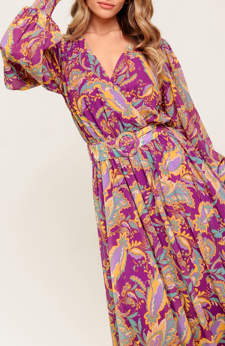 FLYING TOMATO Print Long Sleeve Midi Dress, Alternate, color, Purple
