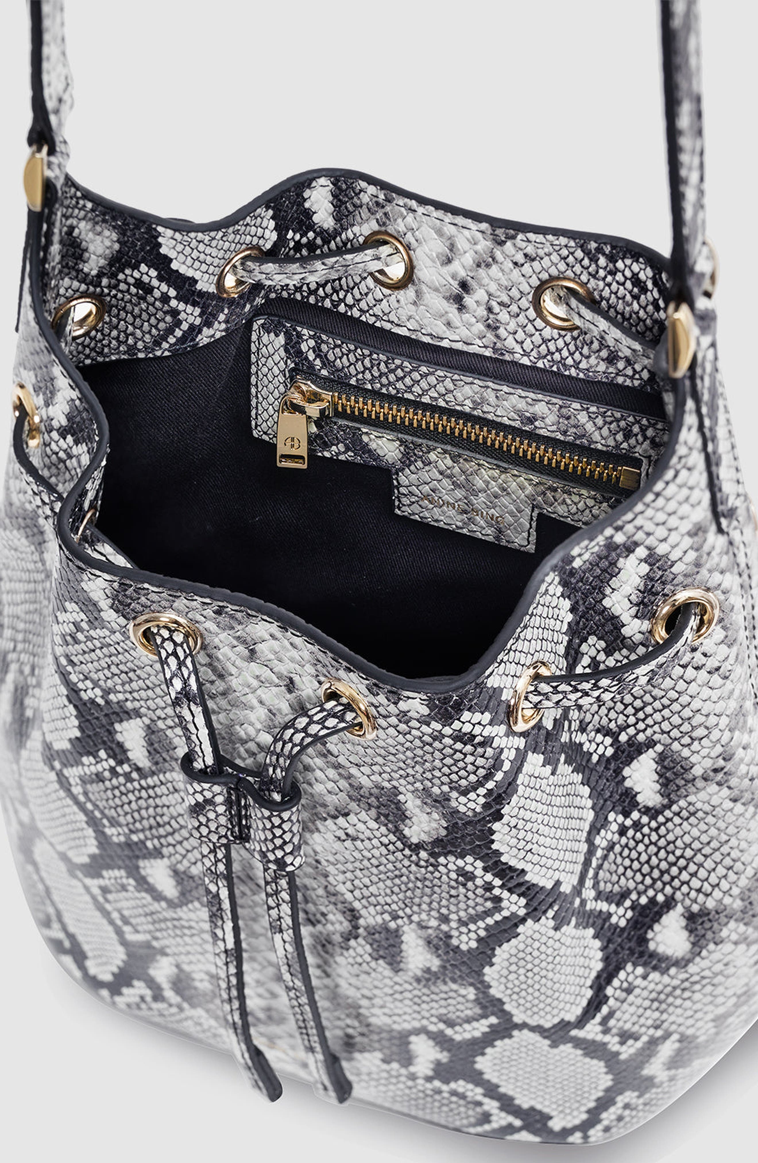 ANINE BING Mini Alana Bucket Bag, Alternate, color, Black / White Python