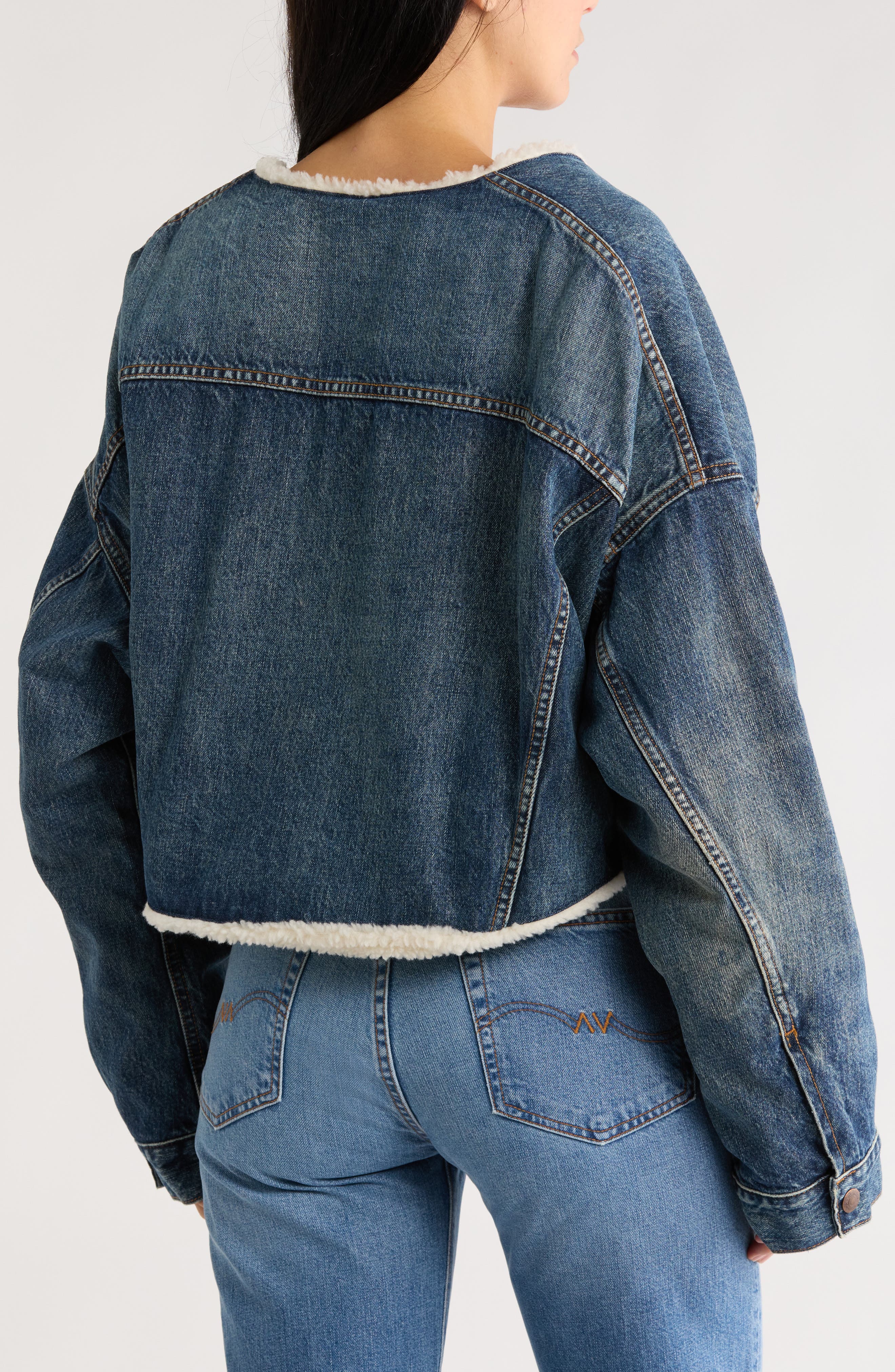 Faux Shearling Lined Crop Denim Jacket - image 2