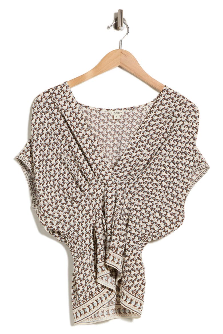 V-Neck Short Sleeve Pleated Top, Alternate, color, CRM/ BROWN FLUTTERS WALTZ