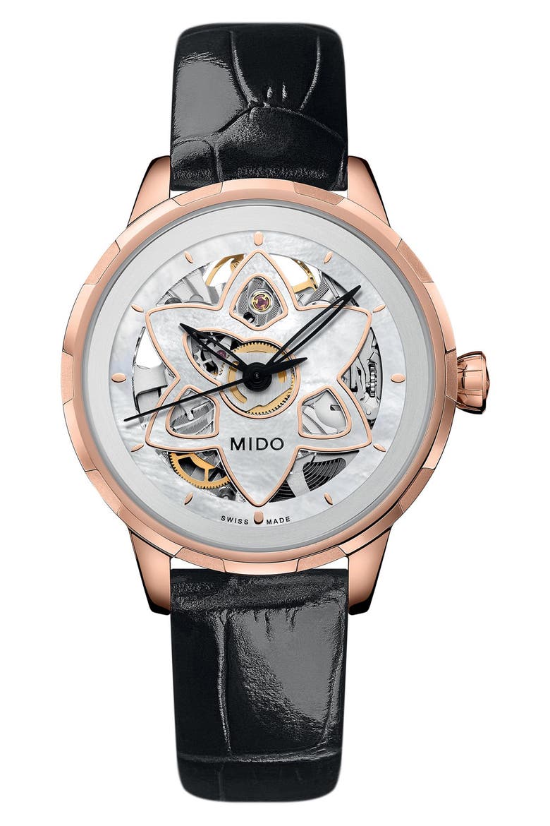 Rainflower Blossom Skeleton Automatic Leather Strap Watch, 34mm, Main, color, WHITE MOTHER OF PEARL